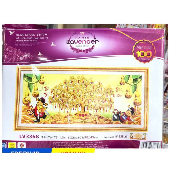 [HCM]Tranh thêu chữ thập thần tài cây tiền giàu sang phú quý LV3368 - kích thước 90 * 45