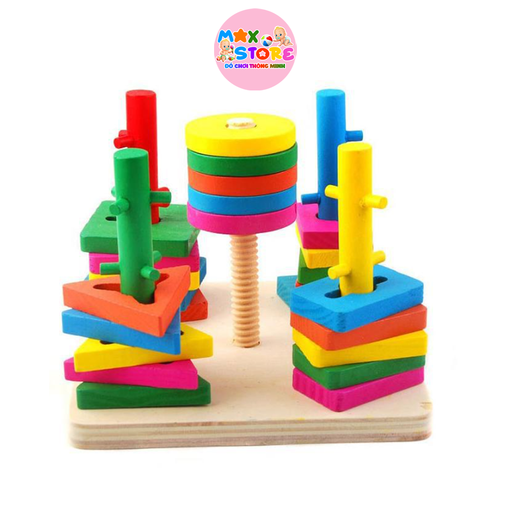 Đồ Chơi Gỗ Montessori - Bộ 5 Cọc Ziczac Thả Hình Khối