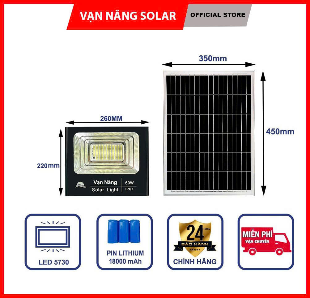Đèn LED Pha Năng Lượng Mặt Trời Vạn Năng 60W IP67 Chống Nước