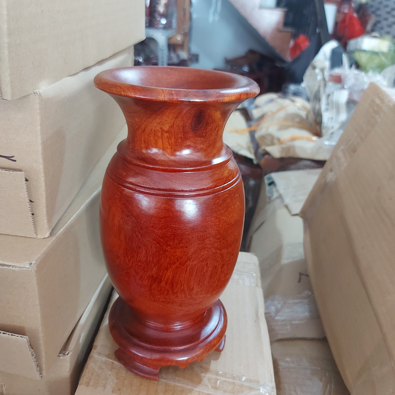 Bình cắm hoa trang trí - Lọ hoa gỗ hương nguyên khối cao 23cm