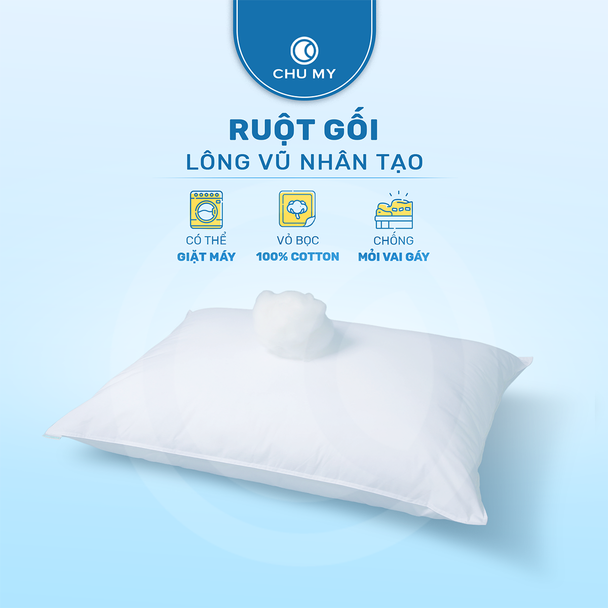 Ruột gối khách sạn giả lông vũ CHUMY (Bông Microfiber 0.7D cao cấp, kích thước 50x70cm, trọng lượng 1.2kg)