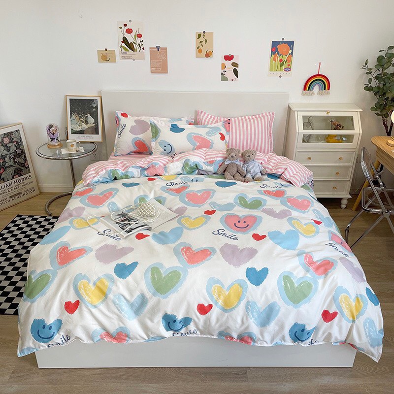 Bộ chăn ga gối cotton poly - Mẫu tim smile