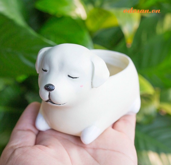 Chậu thú composite hình chó trắng