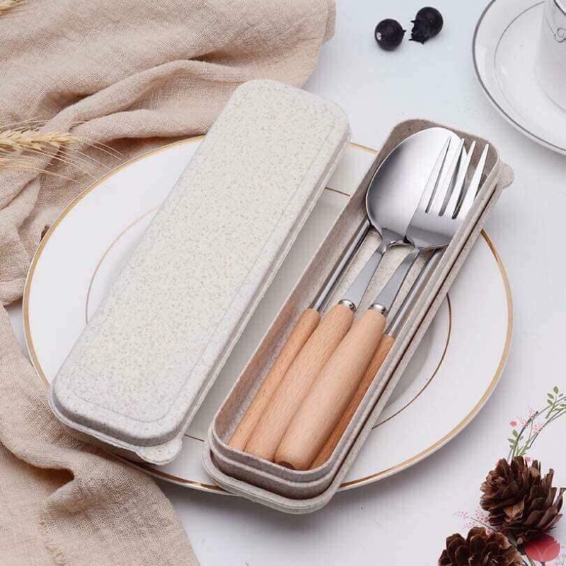 Bộ thìa, đũa, dĩa Inox kèm hộp lúa mạch