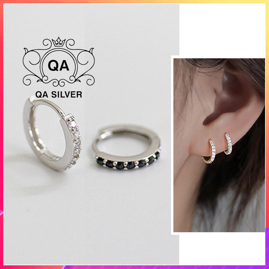 Khuyên tai bạc 925 tròn khảm đá bông tai hoop nam nữ đen trắng S925  HOOP QA Silver Earrings EA191001