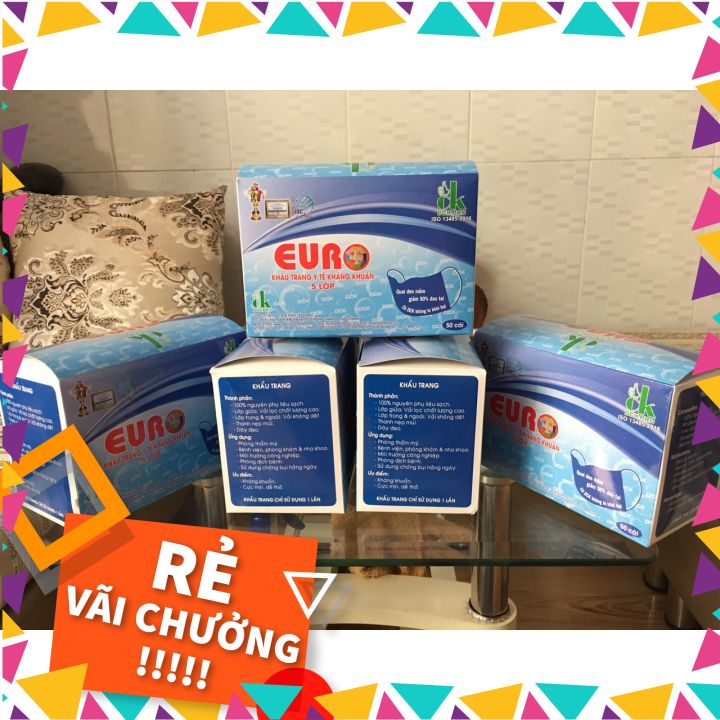 Hộp 50 cái khẩu trang y tế euro xanh 5 lớp