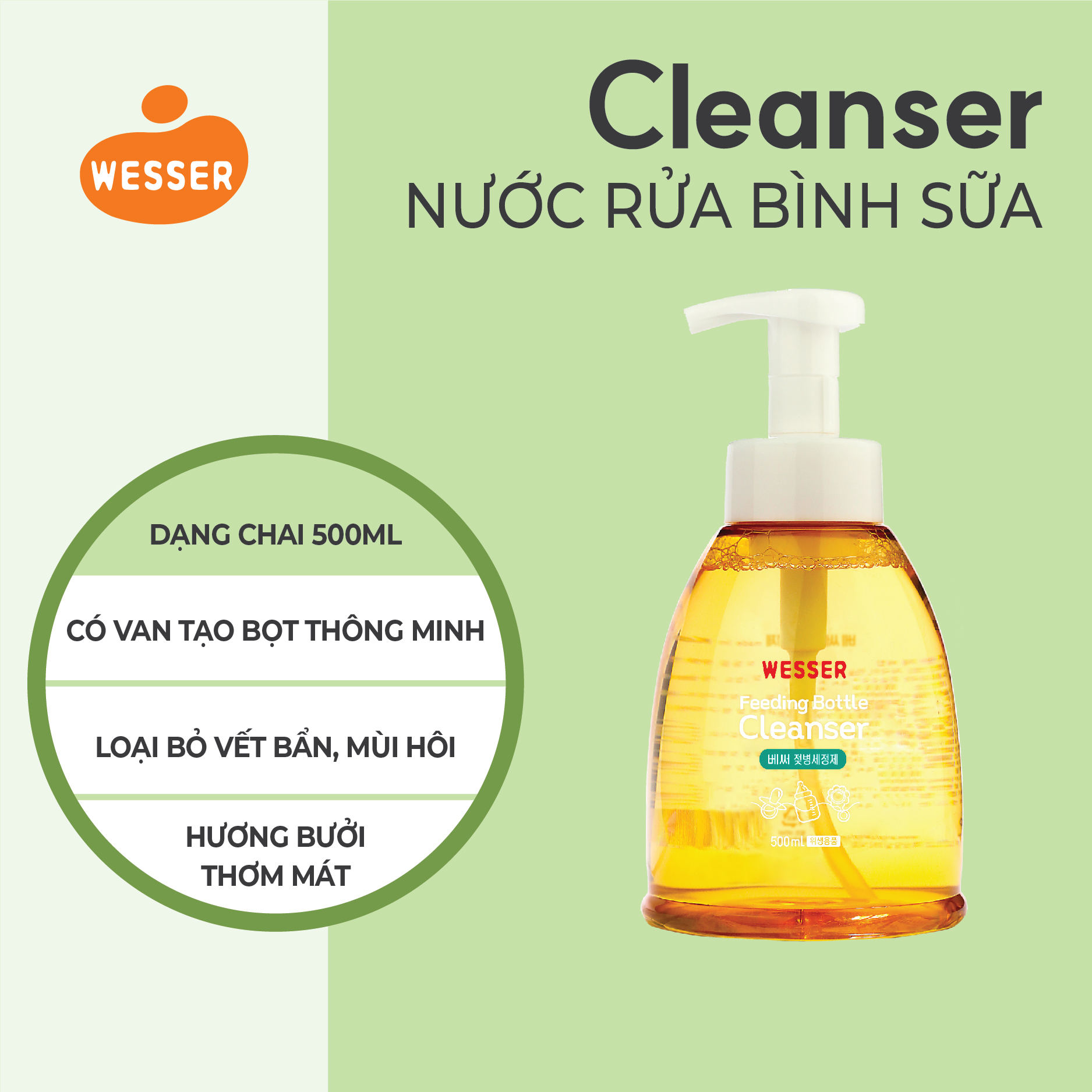 Nước rửa bình sữa Wesser dạng chai 500ml (Nhập khẩu)