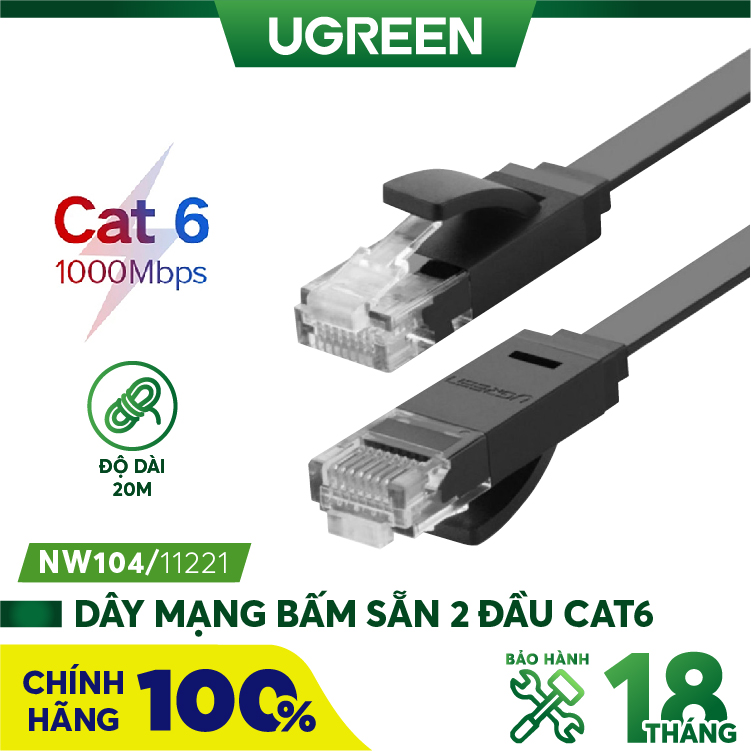 Dây mạng 2 đầu đúc Cat6 UTP dây dẹt dài từ 0.5-20m UGREEN NW104 - Hàng phân phối chính hãng - Bảo hành 18 tháng