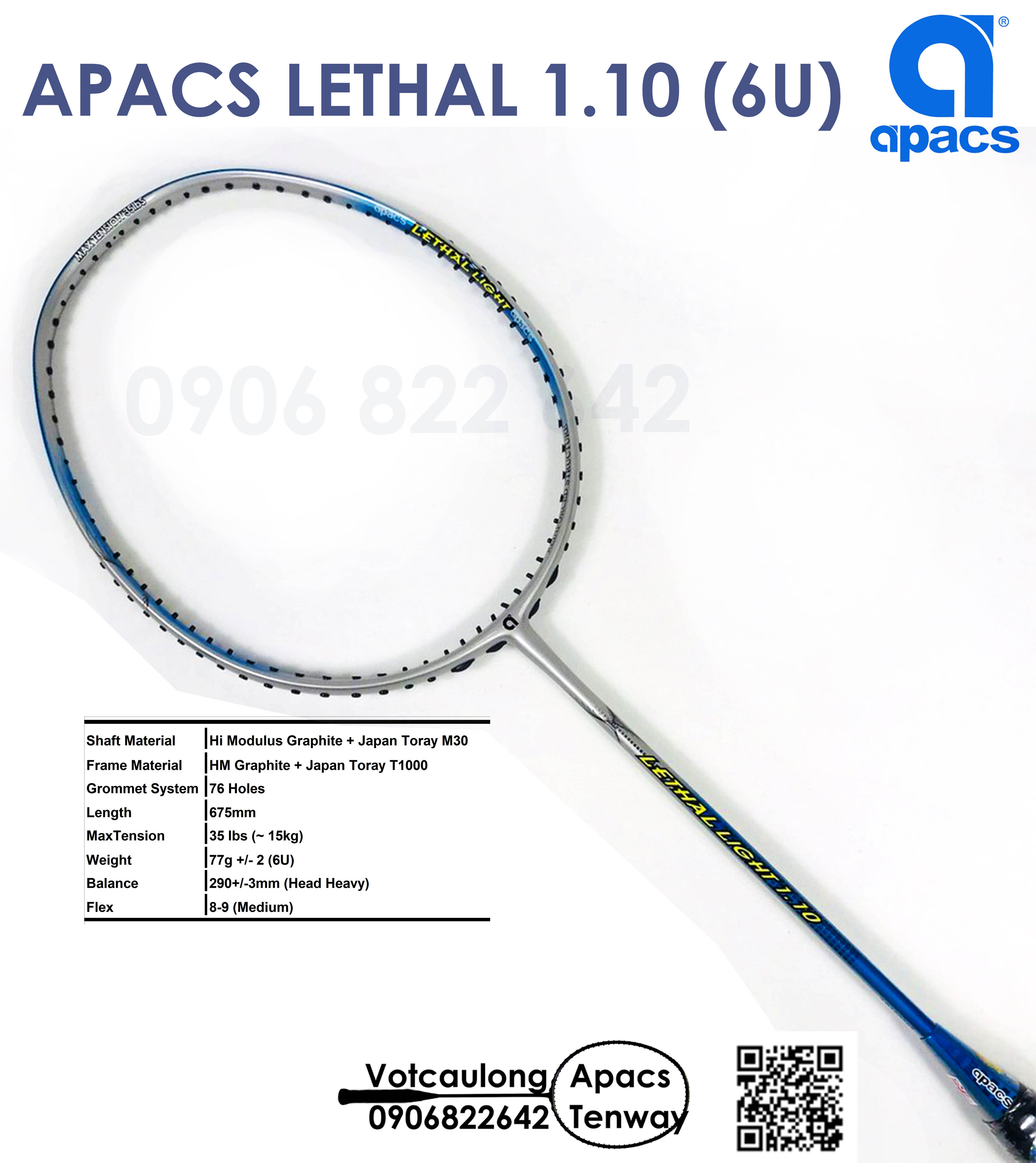 [Chính hãng BH] Vợt cầu lông Apacs Lethal Light 1.10 (6U)  | Siêu nhẹ như không