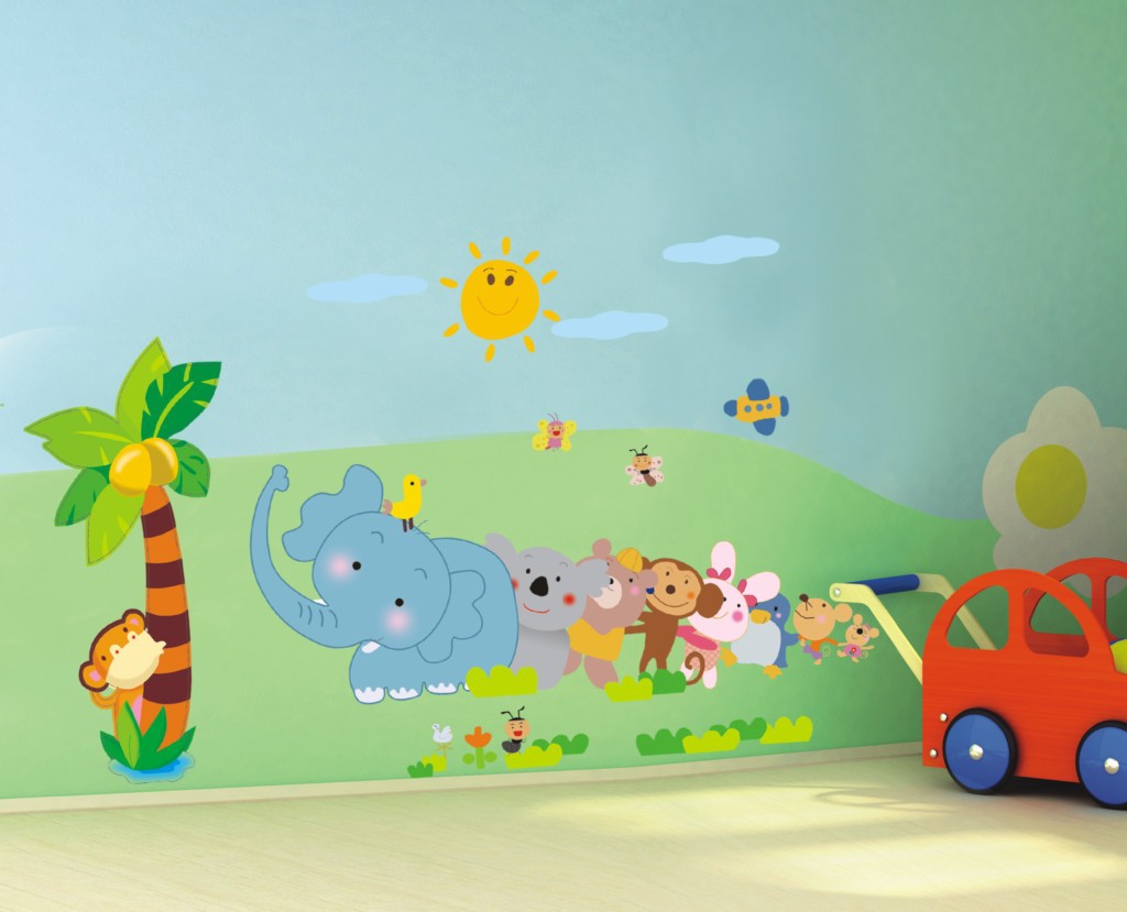 Decal dán tường khỉ con voi con cho bé AY7261-kiddecals Có sẵn keodán trên mọi bề mặt