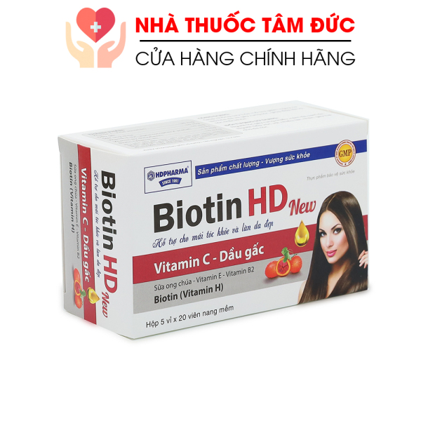 Viên uống Biotin HD New, vitamin C, dầu gấc, vitamin B giúp khỏe tóc, đẹp da, giảm rụng tóc, chống lão hóa - Hộp 100 viên