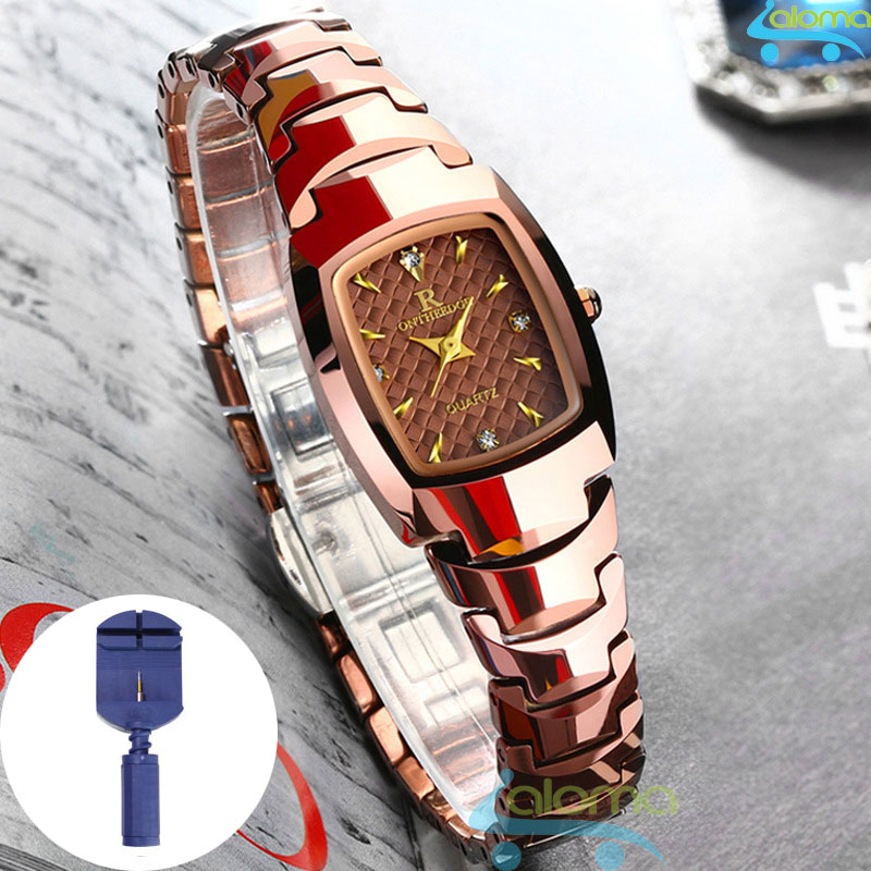 Đồng hồ nữ mặt vuông dây kim loại chống nước R-Ontheedge (Đỏ đồng) kèm hộp đựng và bấm đốt sang trọng