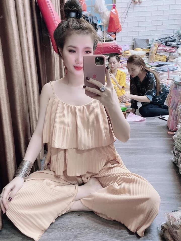 Set bộ nữ áo hai dây dập ly kèm quần ống rộng