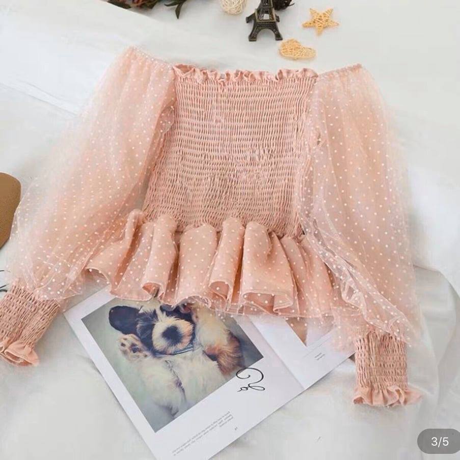 Áo voan nhún trễ vai phối tay lưới bèo lưới dễ thương TTSA0009