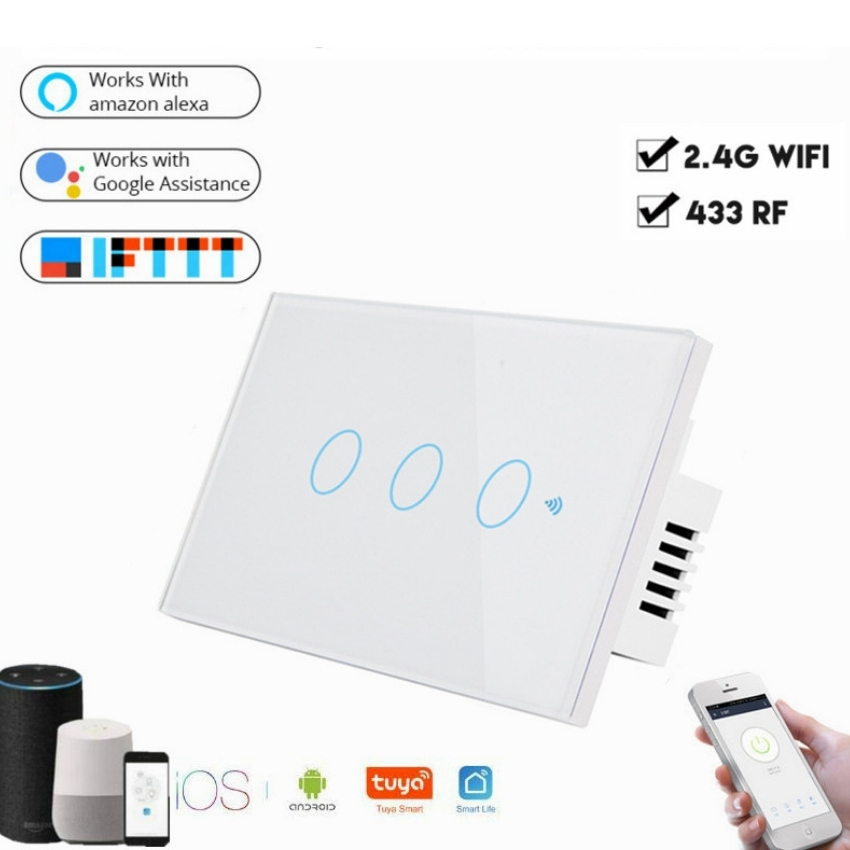 Công tắc Wifi Smart Switch 10A 220v app Smart Life,app Tuya 3 nút hình chữ nhật mặt kính cường lực màu trắng điều khiển từ xa bằng điện thoại 03 thiết bị công tắc điều khiển từ xa bằng 3g,4g, wifi nhà thông minh