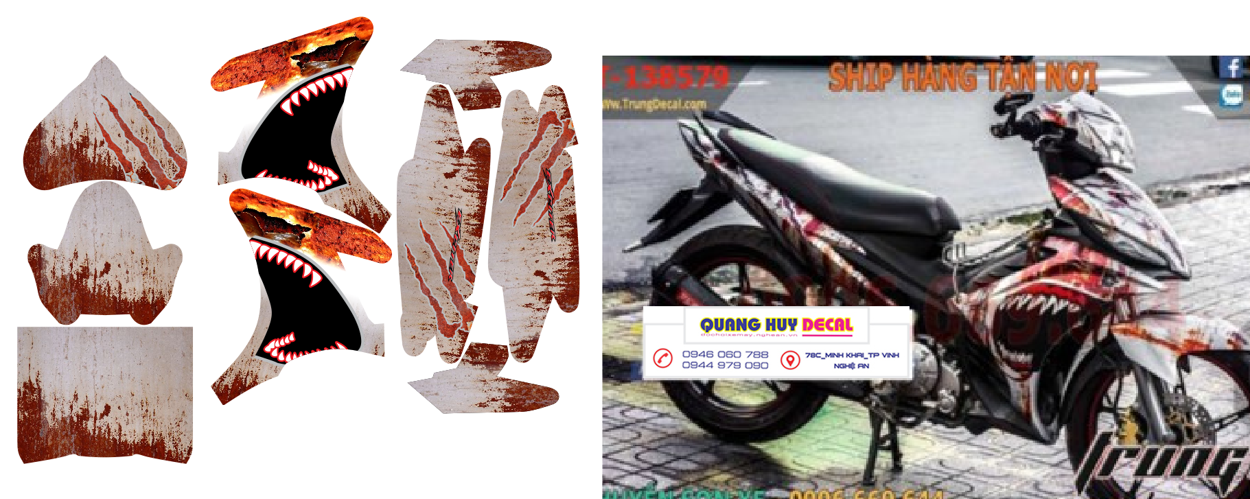 Tem trùm xe máy ex135  cá mập shark trắng đỏ rỉ sét  - Độ tem xe máy ex135 thiết kế theo yêu cầu - Chế tem trùm xe máy exciter 135 rẻ đẹp