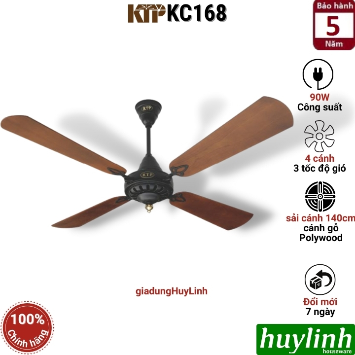 [HCM][Trả góp 0%]Quạt trần cánh gỗ kiểu cổ Kim Thuận Phong KTP KC168 - Bảo hành 5 năm