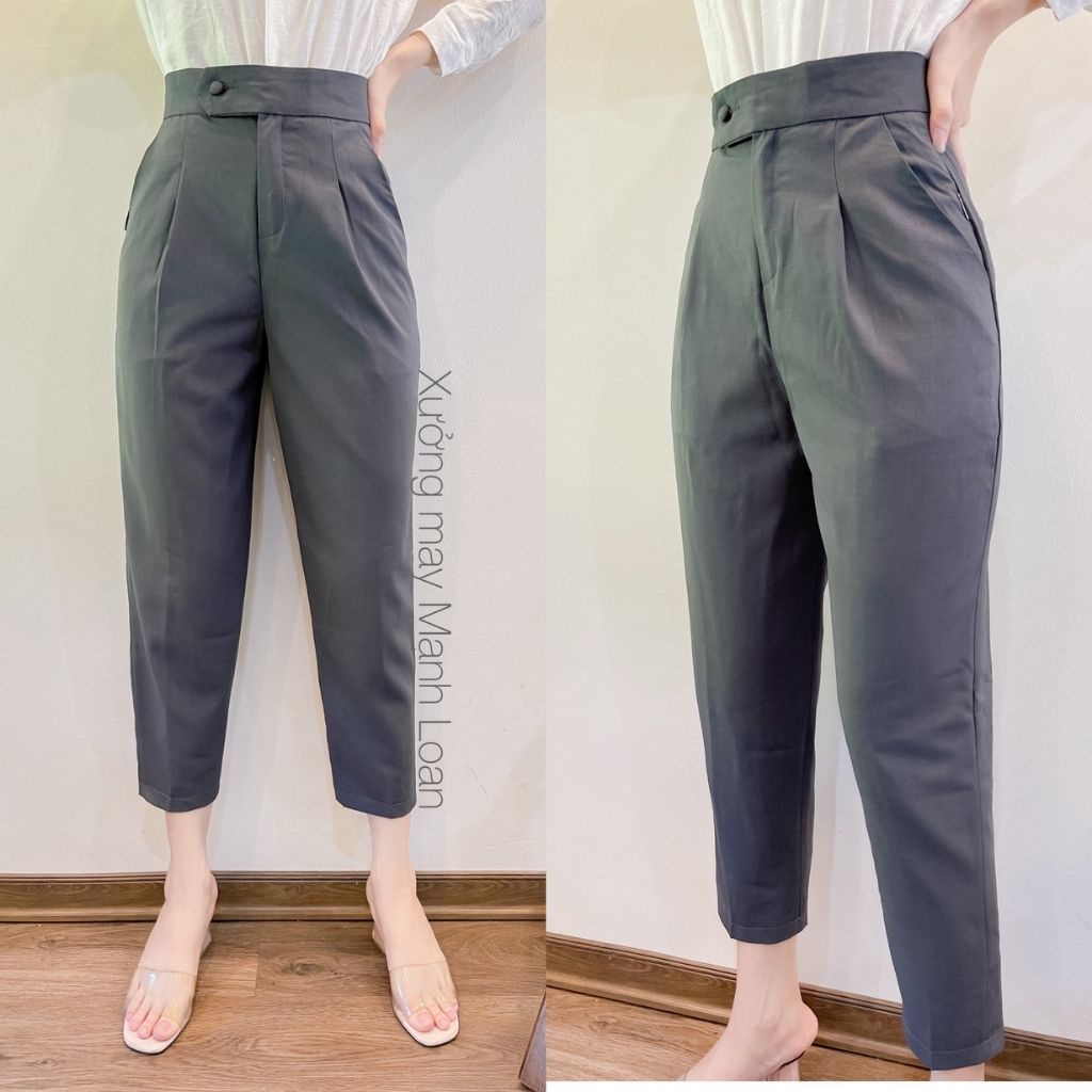 Quần Baggy Nữ Dáng Dài Cúc Bọc Cạp Cao