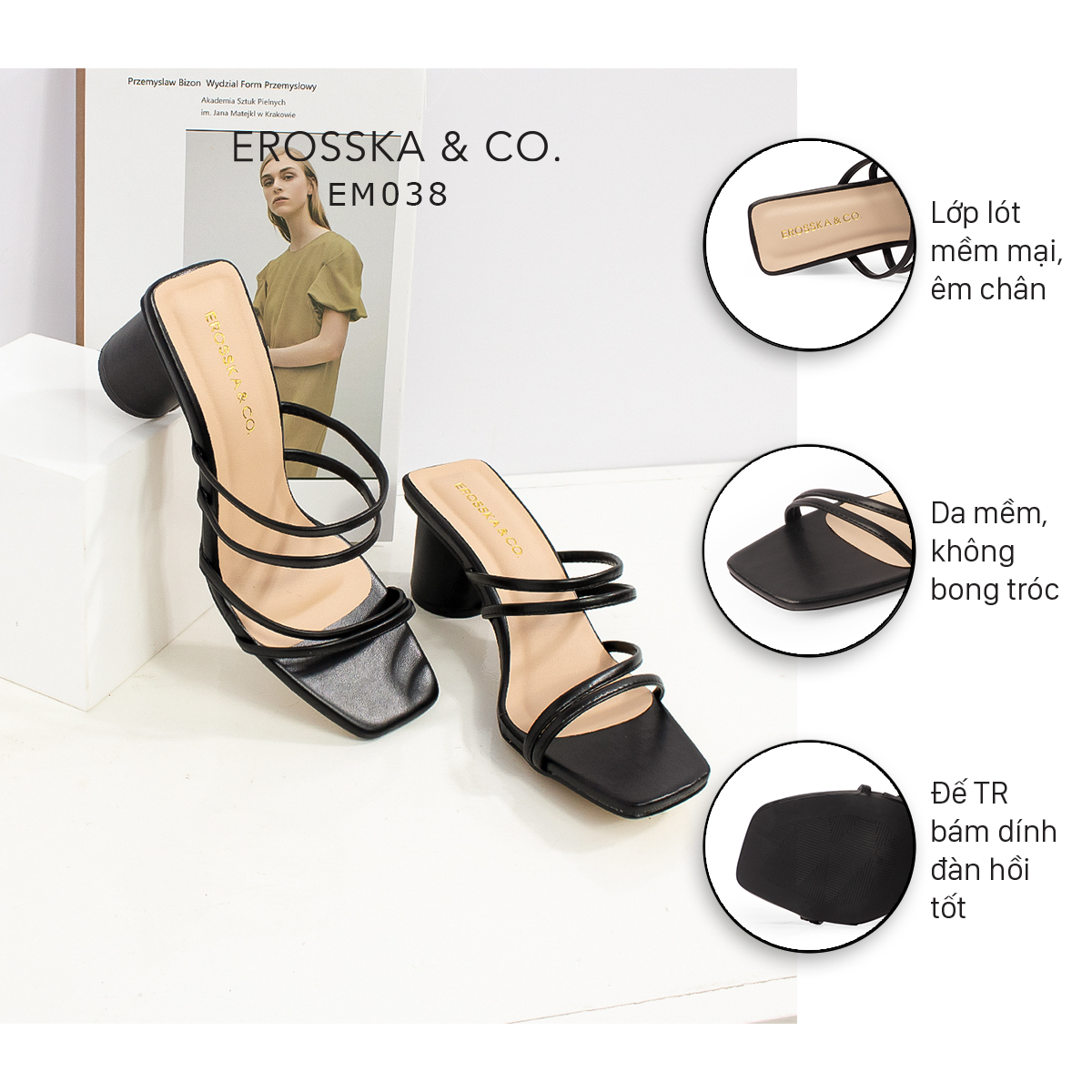 Dép cao gót thời trang Erosska mũi vuông gót tròn phối dây quai mảnh kiểu dáng đơn giản cao 6cm màu đen - EM038
