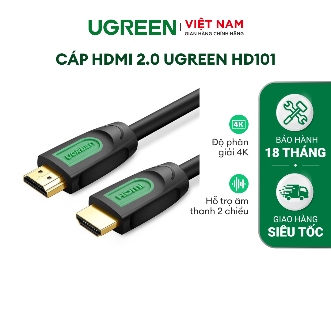Cáp HDMI 2.0 UGREEN HD101 Thuần đồng 100% 19+1 dùng cho Tivi máy tính máy chiếu màn hình... độ dài từ 1-15m - Hàng phân phối chính hãng - Bảo hành 18 tháng 1 đổi 1
