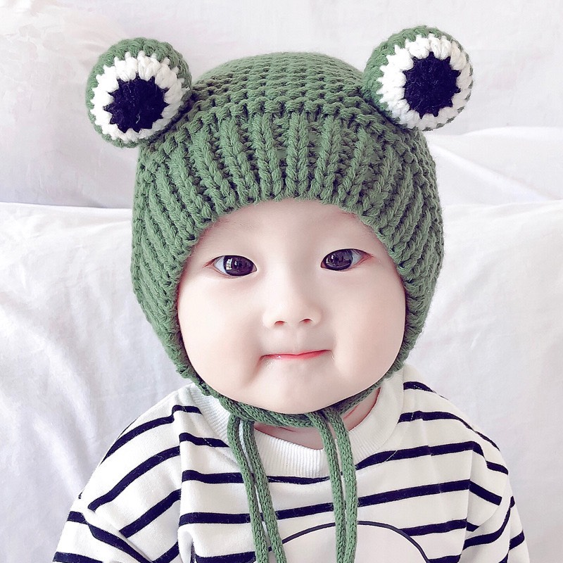 Mũ len Ếch con đáng yêu có lót lông cừu ấm áp cho bé