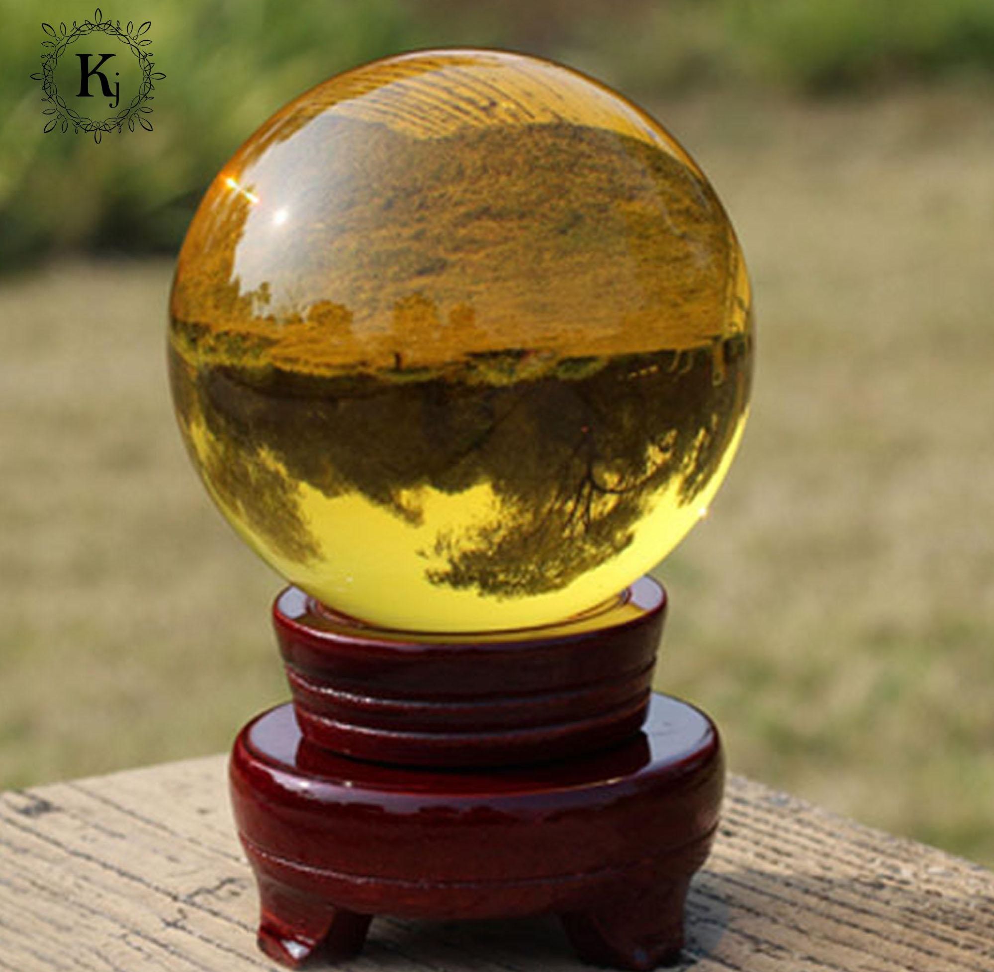 Quả Cầu Thủy Tinh Vàng - Tặng Kèm Chân Đế Gỗ - Có Đường Kính 06 cm, 08 cm, 10 cm, 12cm