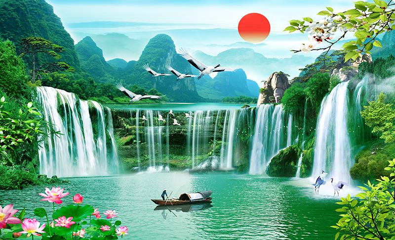 Tranh dán tường vtc nước chảy sinh tài ud1098 kim sa