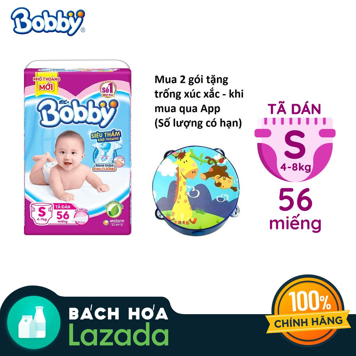 Tã/Bỉm dán siêu mỏng thấm Bobby size S - 56 miếng (4-7kg) Nhật Bản