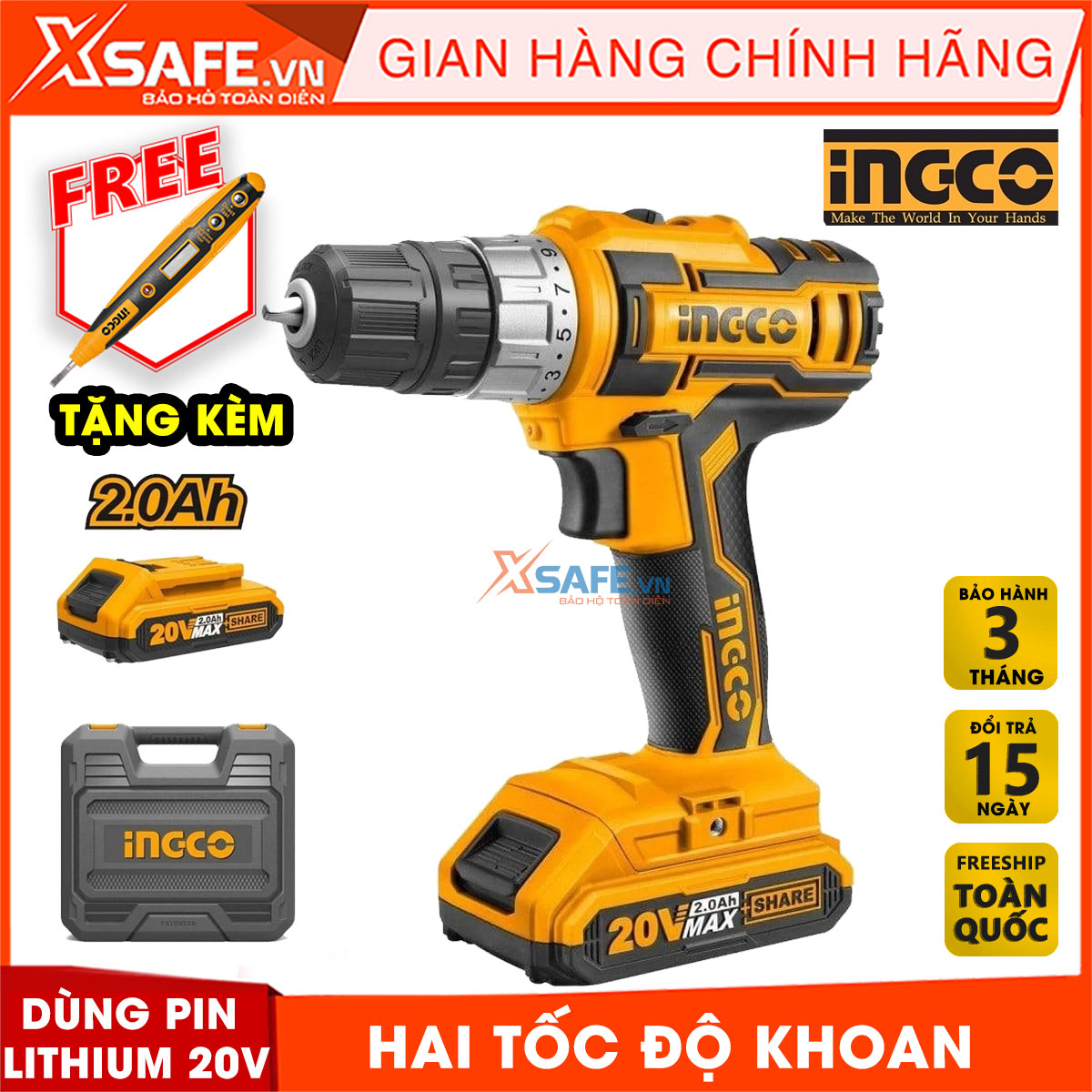 Drill using lithium battery 20V ingco CDLI200215 bundled 2 battery and 1 fast charging in one hour. Electric drill lithium battery 20V two speed 0-400Min and 0-1500/min, WARRANTY 3 month-genuine product by xsafe