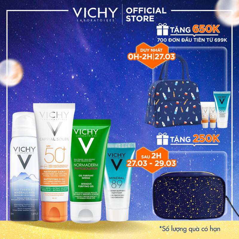 Bộ sản phẩm chăm sóc & bảo vệ da dầu mụn Vichy gồm: Kem chống nắng Capital Soleil Mattifying, Xịt khoáng, Gel rửa mặt và Serum khoáng Mineral 89