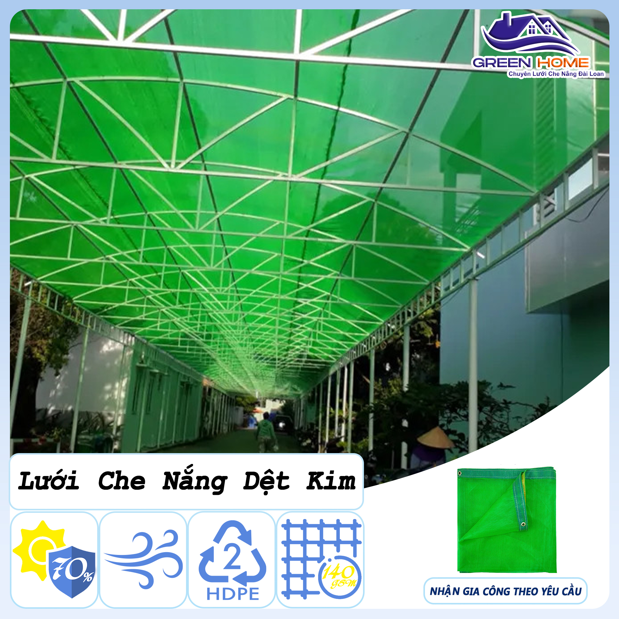 Lưới che nắng ban công, lưới che nắng mưa 70% khổ 2m màu xanh lá dày dặn