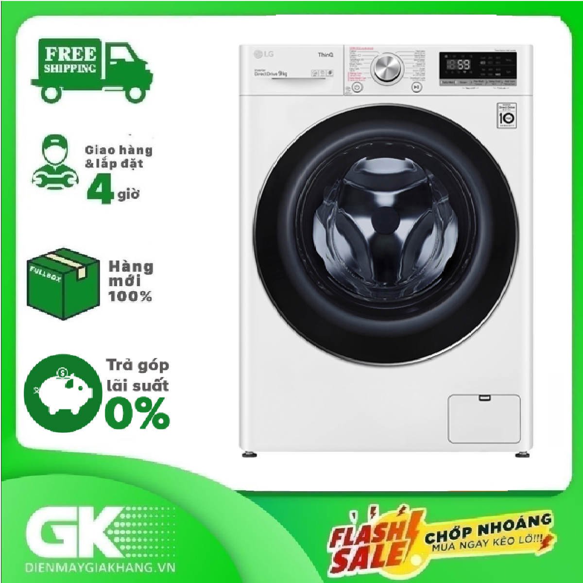 [Trả góp 0%]Máy giặt cửa trước LG Inverter 9 Kg FV1409S3W Model 2020