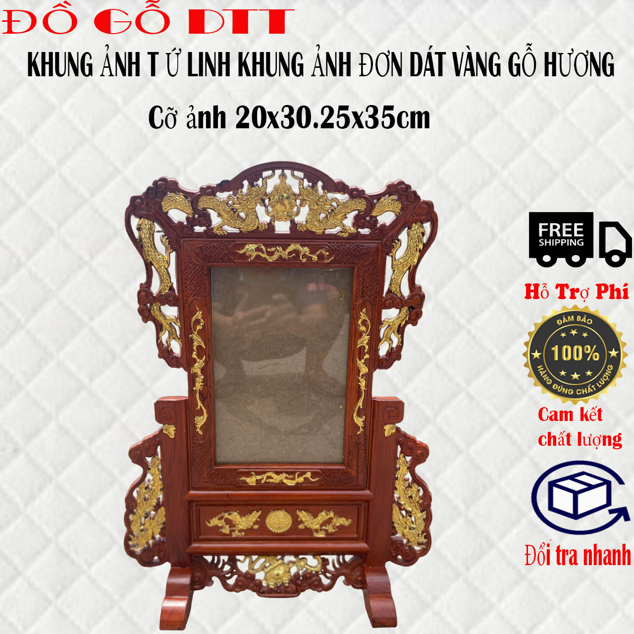 Khung ảnh tứ linh khung song long dát vàng gỗ hương
