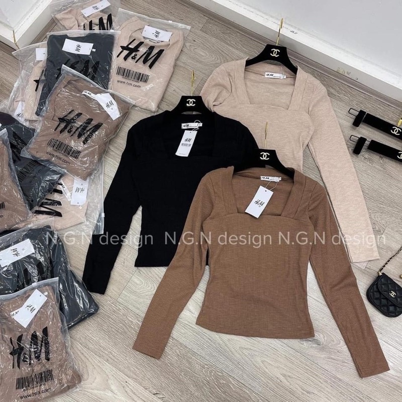 Áo len tăm cổ vuông croptop dài tay