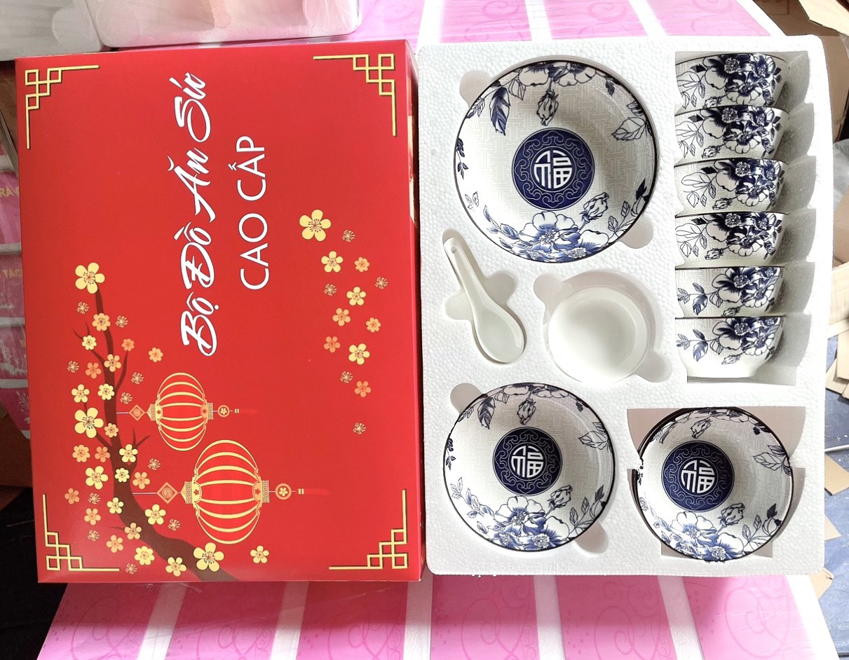 BỘ CHÉN TÔ DĨA SỨ HOA VĂN CAO CẤP (17 MÓN)
