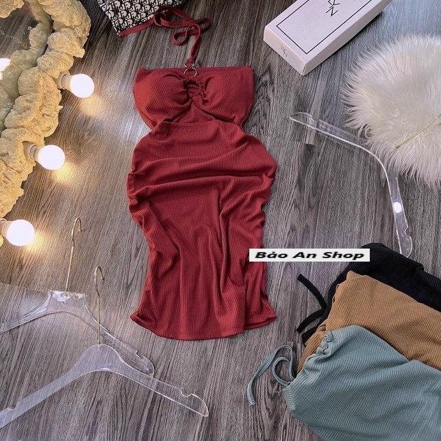 Đầm body 3 khoen gân len from ngắn