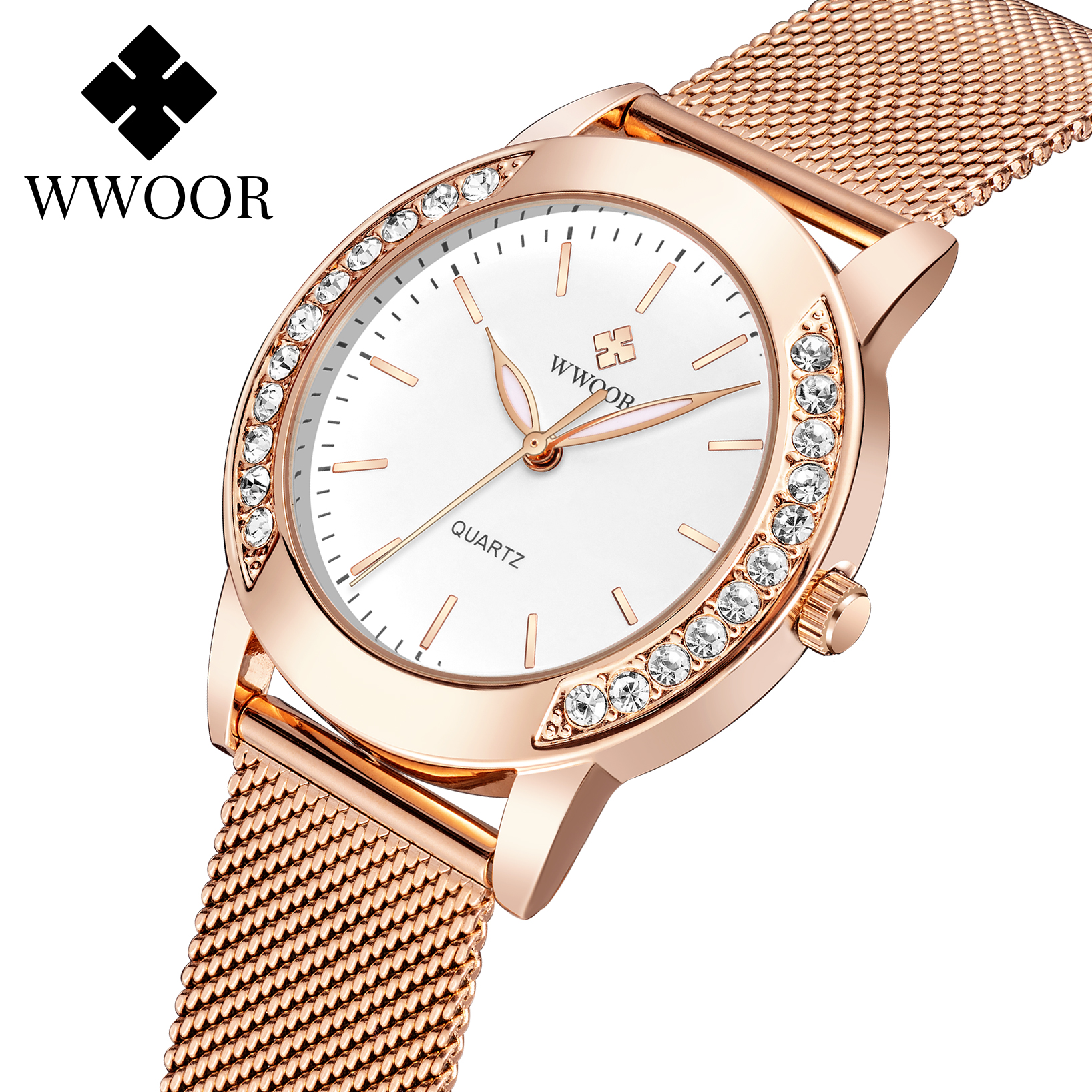 WWOOR Top Luxury Brand Fashion Wristwatch For Women Model 8877 Stainless Steel Mesh Band Waterproof Women’s Casual Watches Quartz Elegant Ladies Watch