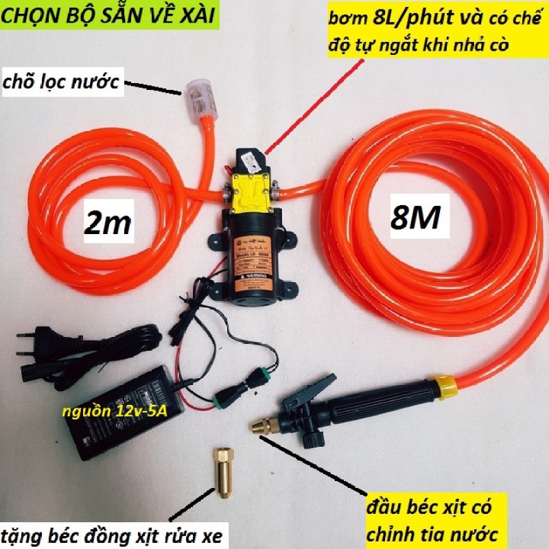 Máy bơm rửa xe tăng áp mini 12V (Tặng Adapter chuyển 220v-12v) công suất 80W