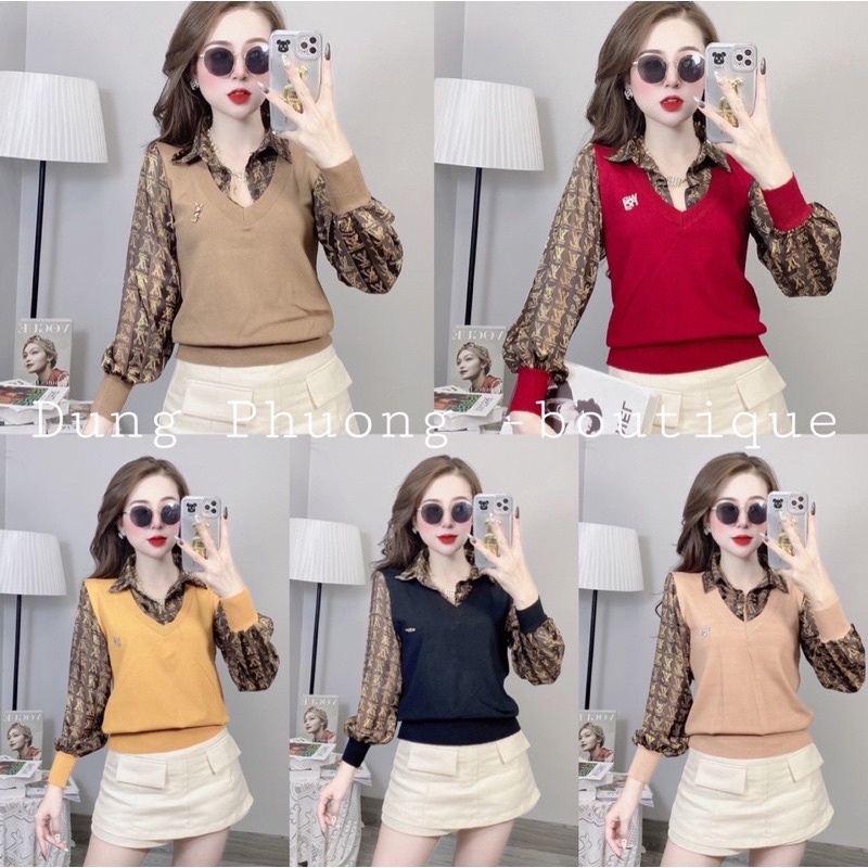 Áo Len Nữ Pha Cổ Sơ Mi Tay Lụa Phồng Ép Vân, Áo Nữ Thân Len Rile phối Tay Lụa