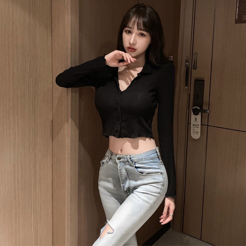 Áo croptop borip cổ bẻ phối nút mặc kiểu sexy TTSA1005