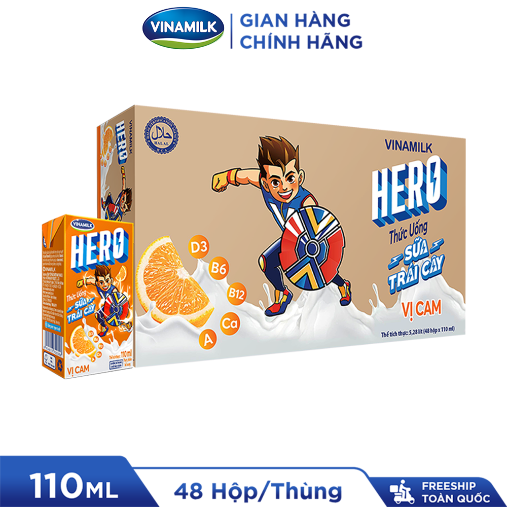[MIỄN PHÍ VẬN CHUYỂN] 2 Thùng Thức uống Sữa trái cây Hero Vị Cam 110ml - 48 hộp/Thùng
