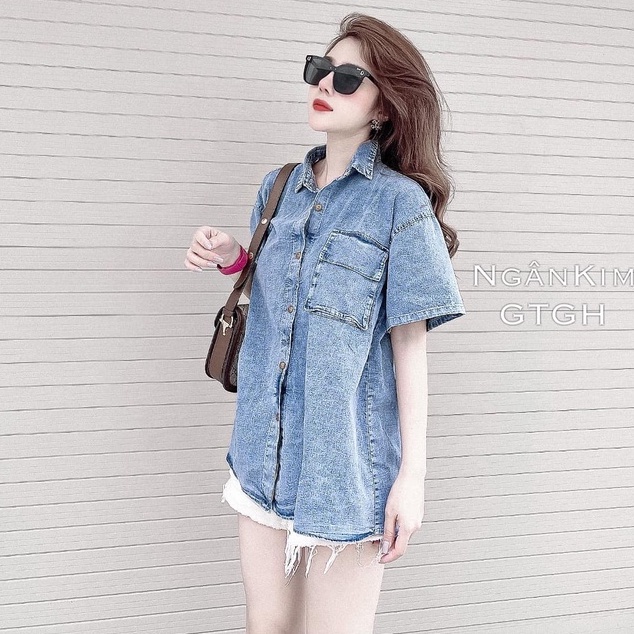 Áo sơ mi bò trơn cộc tay form rộng