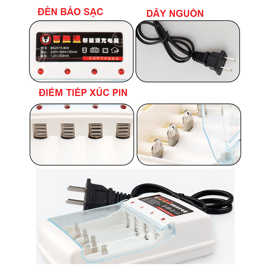 Bộ sạc 4 pin AA/AAA 1.2v 250mah (sạc pin con thỏ, pin AAA)