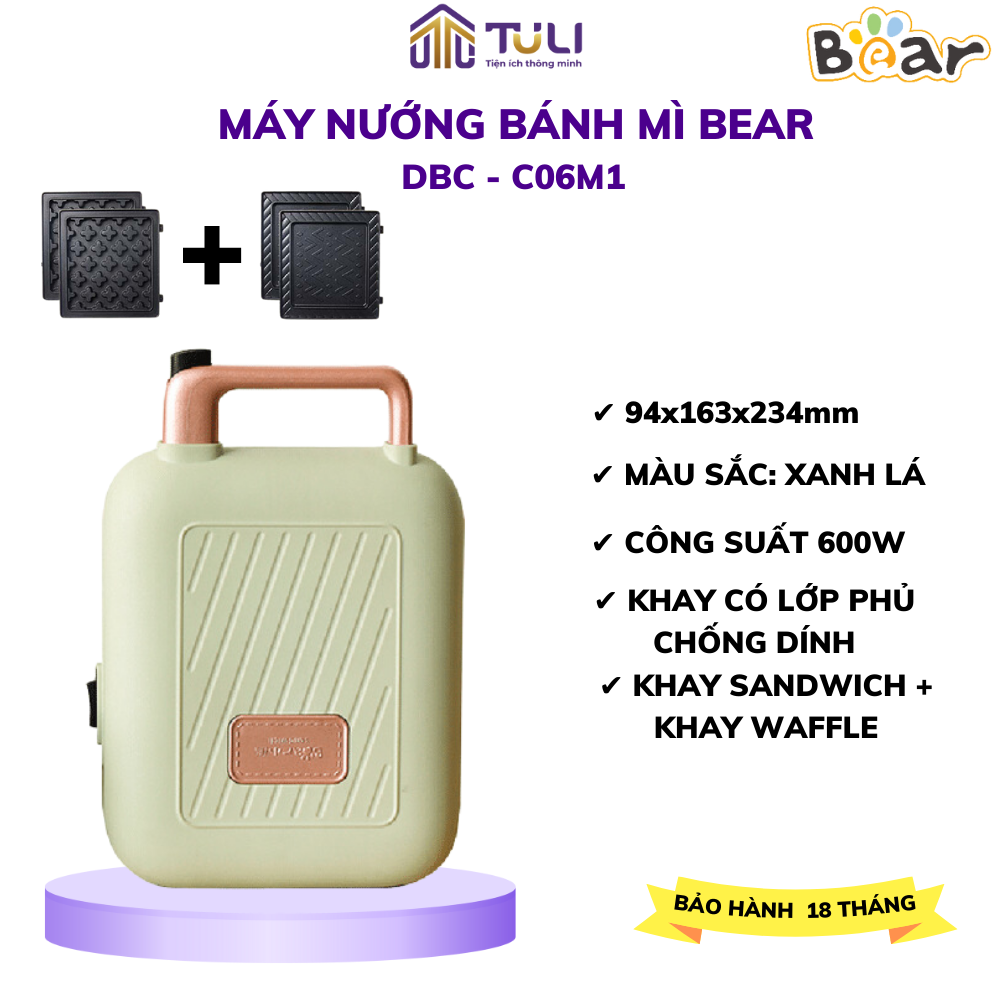 Máy kẹp nướng bánh mì bear dbc - c06m1, công suất 600w, làm bánh waffle, hotdog, khay chống dính, bh 18 tháng