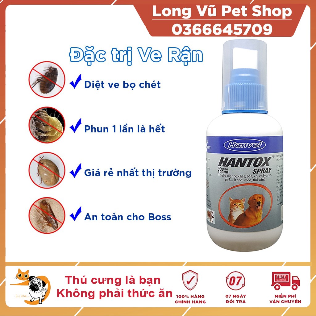 Thuốc xịt ve ghẻ, bọ chét cho chó mèo - hantox 100ml