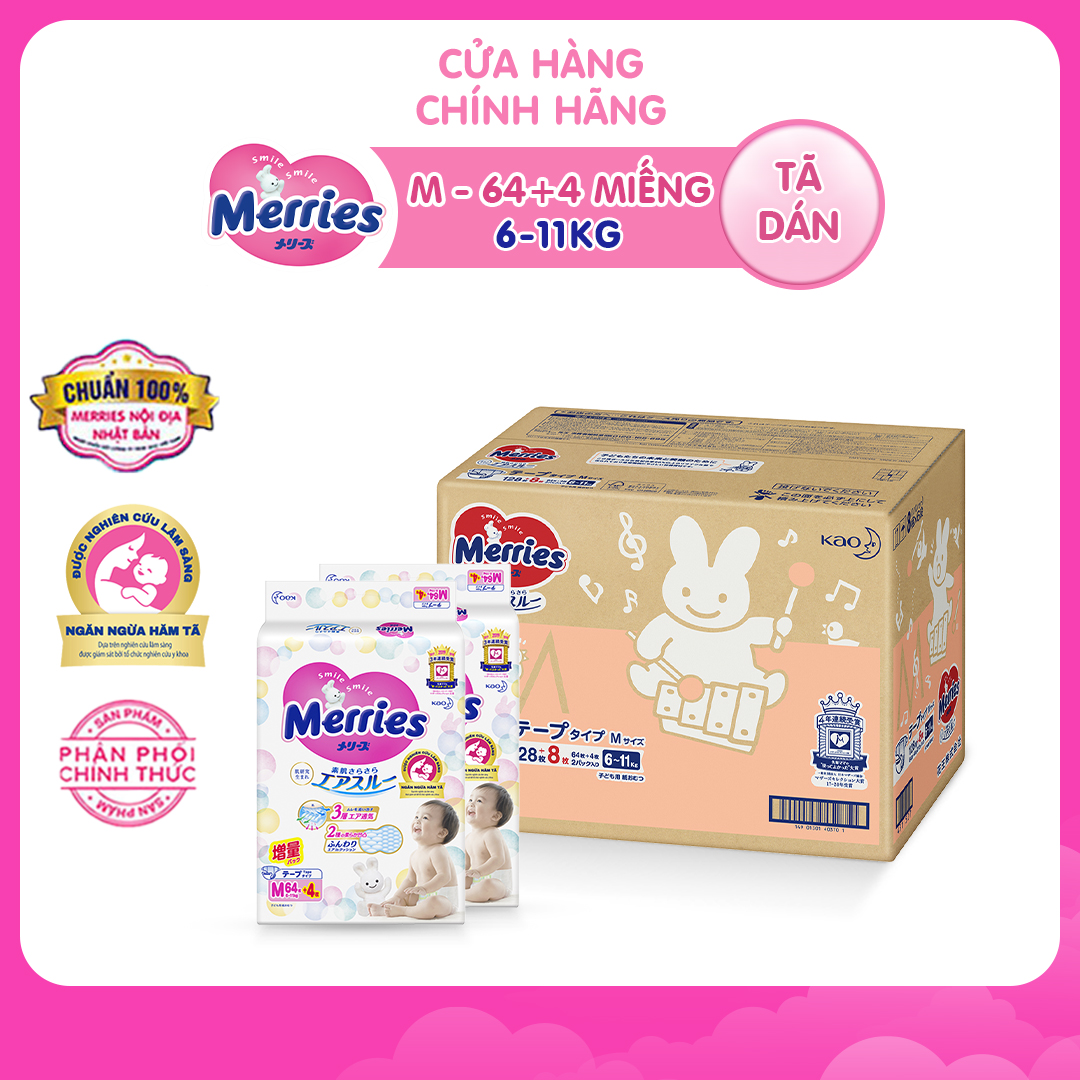 [GIẢM TỚI 49%] Thùng 2 Tã dán Merries cộng miếng size M68