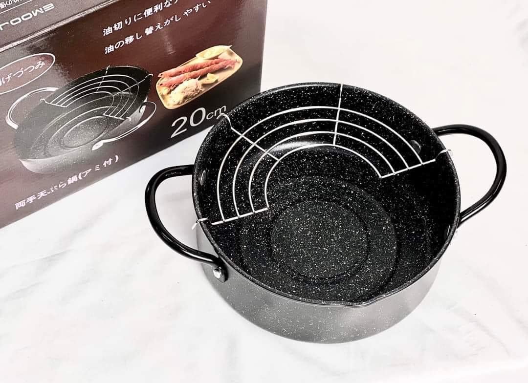 Nồi chiên vân đá chống dính size 20cm emoojoo Nhật có khay ráo mỡ siêu bền