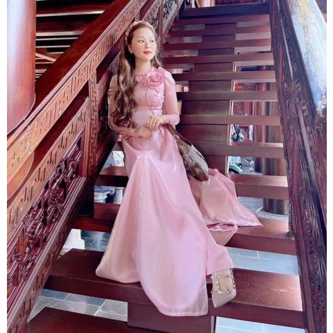 Áo dài cách tân nữ tay phồng CHANG May sẵn áo dài cổ tròn tết, đính hoa tết thủ công dáng áo lửng 4 tà