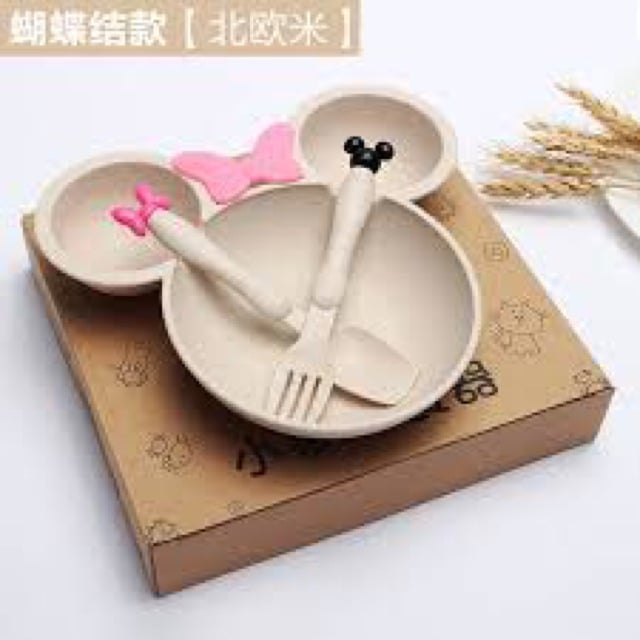 Khay ăn dặm lúa mạch cho bé - hình Mickey kèm thìa dĩa