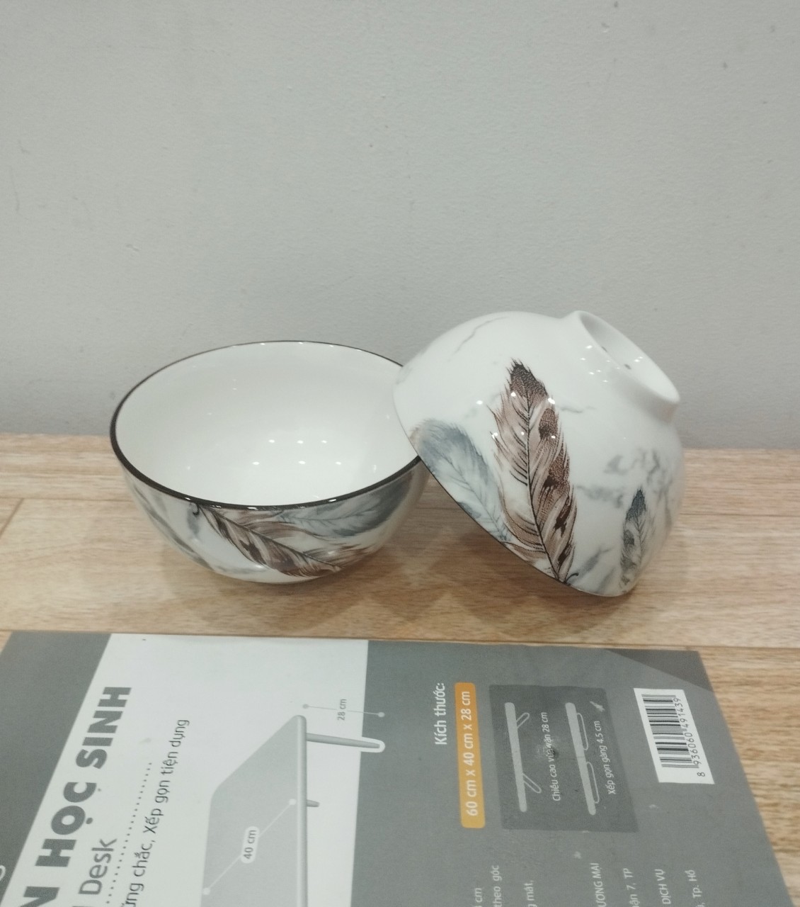 Combo 10 chén sứ , 5 chén cơm hoa văn lông vũ 11cm, chén cơm trắng 11cm, chén chấm trắng 8.5cm